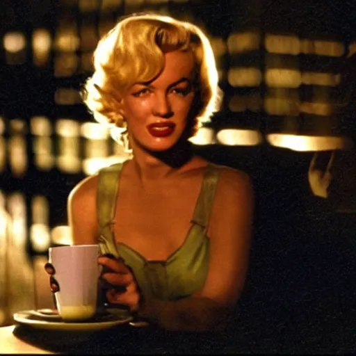 Prompt: a close - up, color cinema film still of a marlin monroe drinking coffee at a starbucks, ambient lighting at night, from matrix ( 1 9 9 9 ).