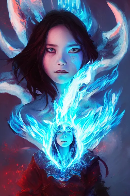 Prompt: a fancy portrait of a young Demon girl engulfed in blue flames by Greg Rutkowski, Sung Choi, Mitchell Mohrhauser, Maciej Kuciara, Johnson Ting, Maxim Verehin, Peter Konig, final fantasy , 8k photorealistic, cinematic lighting, HD, high details, atmospheric , trending on artstation