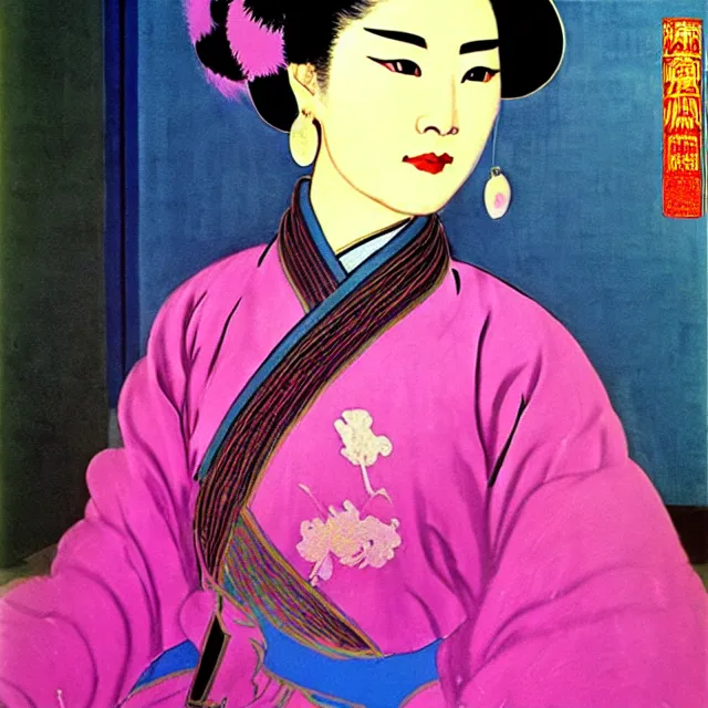 Image similar to a beautiful painting cyberpunk the empress of the qing dynasty of china, by andy warhol henri matisse art deco lumion render realistic oil painting