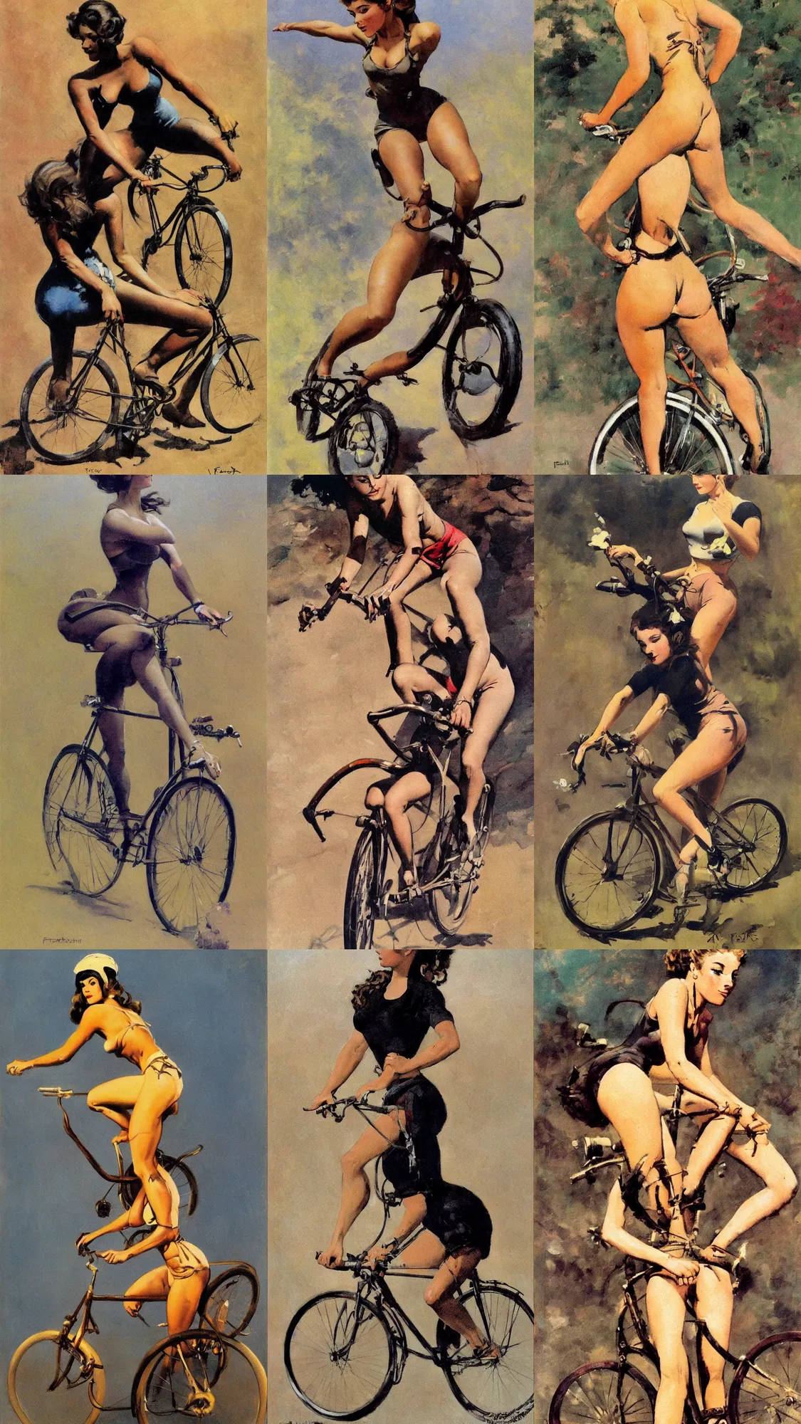 Prompt: painting of a female on a bicycle frank frazetta