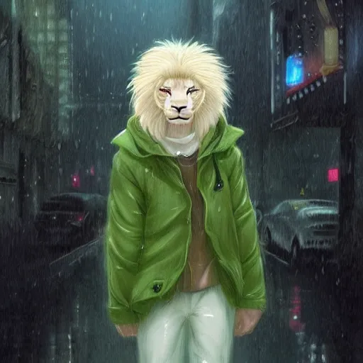 Image similar to aesthetic portrait commission of a albino male furry anthro lion in a rainy utopian city while wearing a cute green jacket cozy soft pastel winter outfit with pearls on it, rainy atmosphere. character design by charlie bowater, ross tran, artgerm, and makoto shinkai, detailed, inked, western comic book art, 2 0 2 1 award winning painting