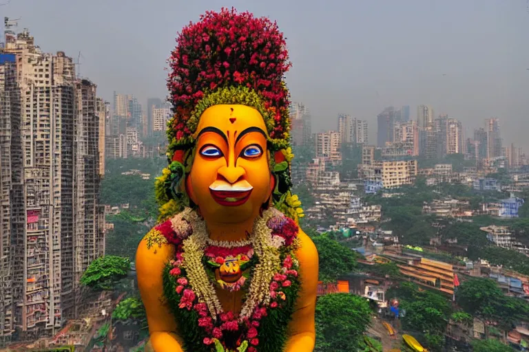 Image similar to high quality 3 d flowerpunk biomorphic hanuman head building in the middle of mumbai!!, kalighat highly detailed, cinematic smooth, stephen shore & john j. park, soft morning light, wide shot, high angle, uhd 8 k, deep focus