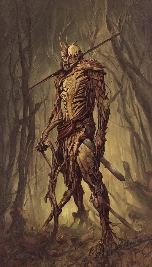 Prompt: painting of undead wight warrior, anatomically correct, forest and cabin, muted colors, night scene, by brom