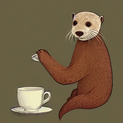 Image similar to a sketch of a gentleman otter drinking tea