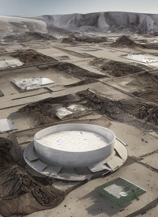 Image similar to bioremediation white architecture high tech, in the mining tailings of chuquicamata, epic, cinematic, hyperealistic, high detailed, corona render, hdr, ray tracing