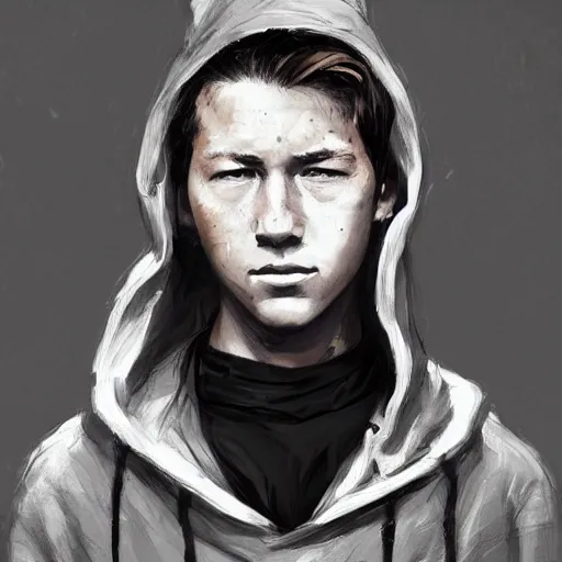 Prompt: portrait of a man by greg rutkowski, he looks like tye sheridan, he is about 2 0 years old, messy brown hair, tired eyes, he is wearing a black hoodie with hood, highly detailed portrait, digital painting, artstation, concept art, smooth, sharp foccus ilustration, artstation hq