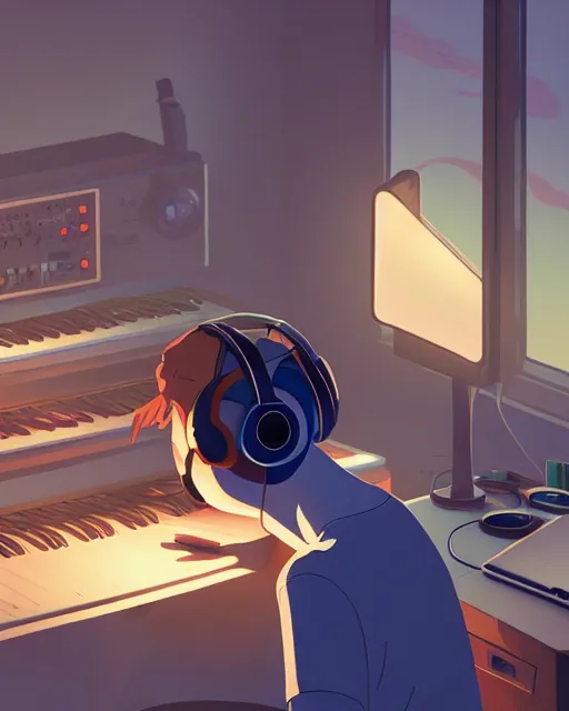 Image similar to man with headphones at his home studio producing music late at night, very detailed, 4 k, cory loftis, james gilleard, atey ghailan, makoto shinkai, goro fujita, studio ghibli, rim light, exquisite lighting, clear focus, very coherent