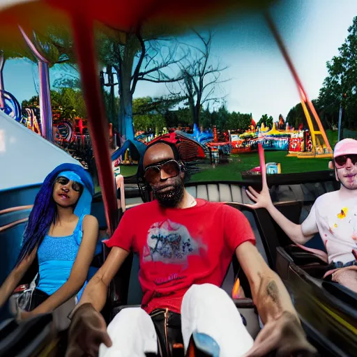 Image similar to death grips riding tilt - a - whirl at a carnival, mc ride, zach hill, andy morin,