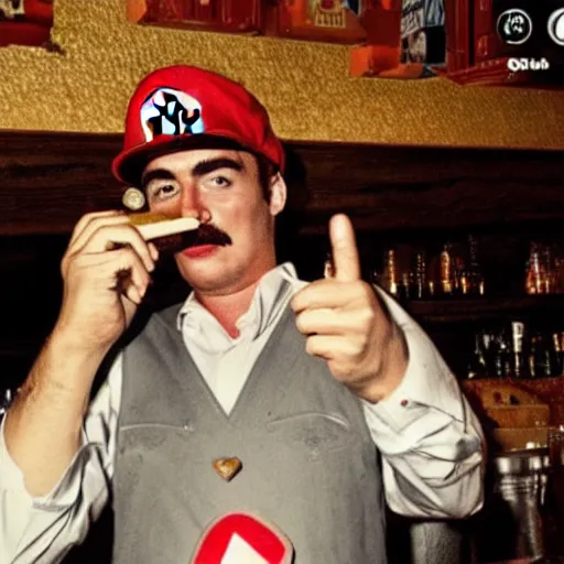 Image similar to super mario in a bar smoking a cigar with bloodshot eyes