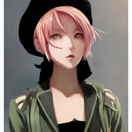 Prompt: anime portrait of an young European woman with short pink hair wearing a black French beret woman anime antagonist by Stanley Artgerm Lau, WLOP, Rossdraws, James Jean, Andrei Riabovitchev, Marc Simonetti, and Sakimichan, trending on artstation