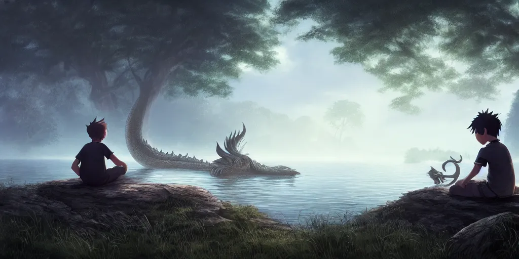 Image similar to a big silver dragon and a boy sitting next to lake in forest, many fireflys, at night, concept art, dof, cryengine, digital art, detailed background, makoto shinkai