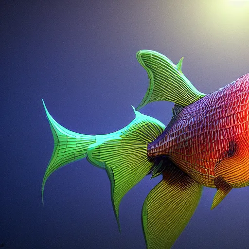 Image similar to a hyperrealistic 3 d octane render of a fish populated by mandelbrot fractals, unreal engine, dramatic lighting, volumetric lighting, backlit, vray lighting, ray tracing, ultra detailed, photorealism, neon, glowing