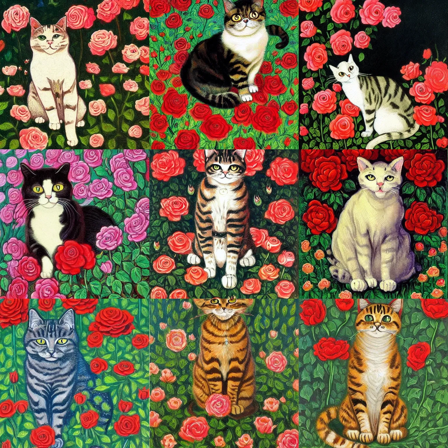 Prompt: a painting of a cat sitting in a field of roses, a fine art painting by louis wain, pinterest, gothic art, detailed painting, enchanting, whimsical