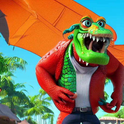 Image similar to 3 d render, anthropomorphic alligator, red scales on his back, yellow scale on his belly and chest, male, waring a hawaiian shirt, in the style of zootopia, hd, 4 k, high definition background