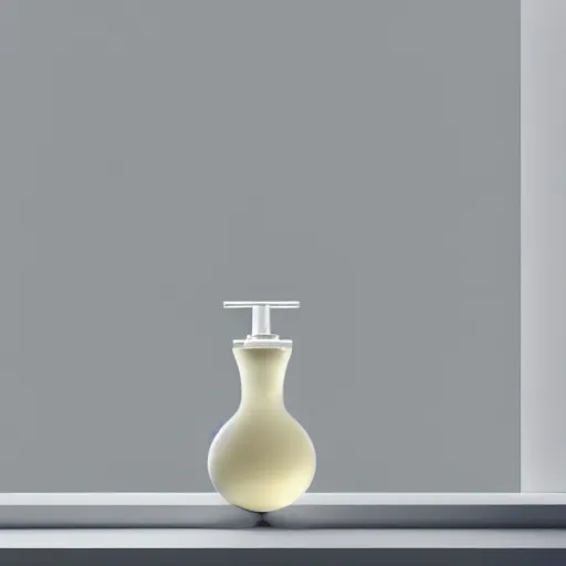 Image similar to perfume bottle on window sill in a pastel clean modern minimalist room by peter tarka in an ivory room well contoured smooth fair walls, up close shot, sharp focus, zen, clean, modern minimalist, octane highly render, 4 k, ultra hd,