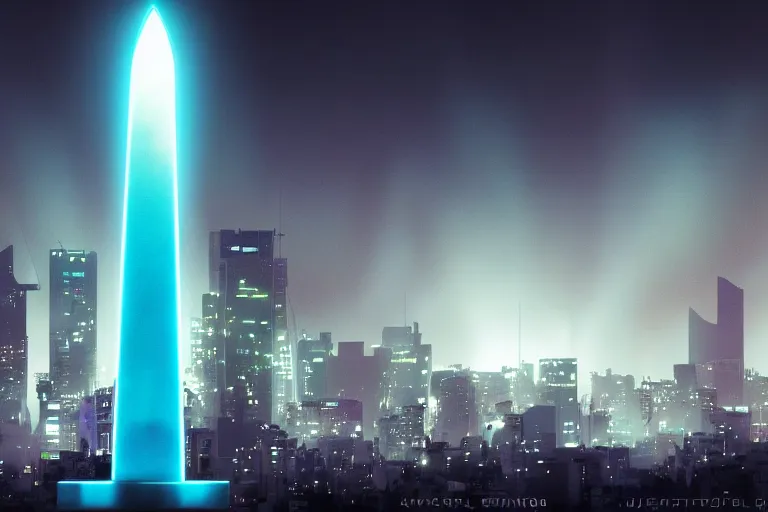 Image similar to buenos aires obelisk, cyberpunk neon, 4 k wallpaper sci - fi 8 0's movie still full hd, detailed masterpiece, fog