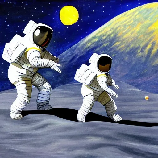 Image similar to astronauts walking on the moon with earth on the background, painting style of samdoesarts