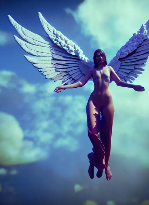 Prompt: beautiful angel with fully spread wings floating in the air!!, highly intricate wings!, cinematic light, rendered in unreal 5,