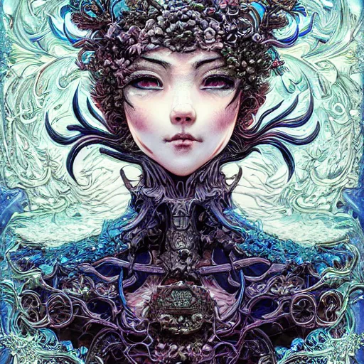 Image similar to of intricate and detailed frozen flower, symmetrical, by yoichi hatakenaka, masamune shirow, josan gonzales and dan mumford, ayami kojima, takato yamamoto, barclay shaw, karol bak