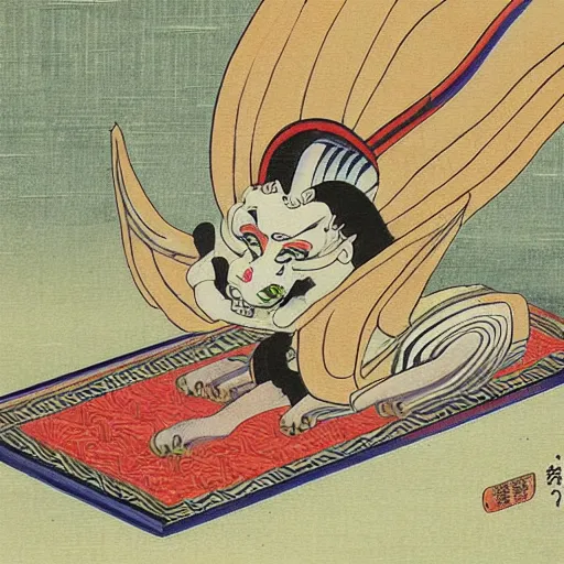 Image similar to a japanese painting of a monstruous sphinx like yokai