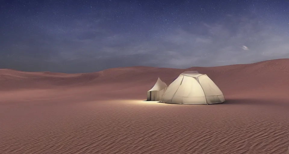 Prompt: hyper realistic matte painting of a small tent in the desert with dunes at night, blue color scheme, artstation