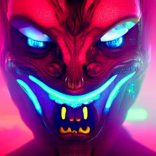 Prompt: synthwave demonic alien face with neon tattos, detailed face, sharp focus, synthwave art, aesthetic, octane render, raw, cinematic