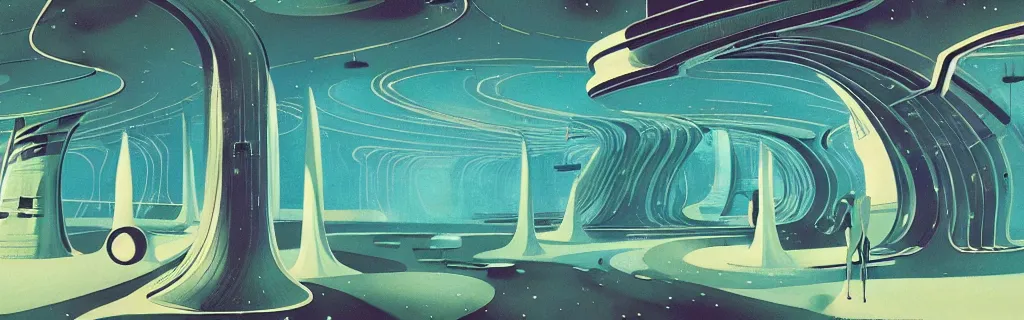 Image similar to 7 0 s sci - fi space station interior, retrofuturism, gouache, trees, animated film, stylised, illustration, by eyvind earle, scott wills, genndy tartakovski