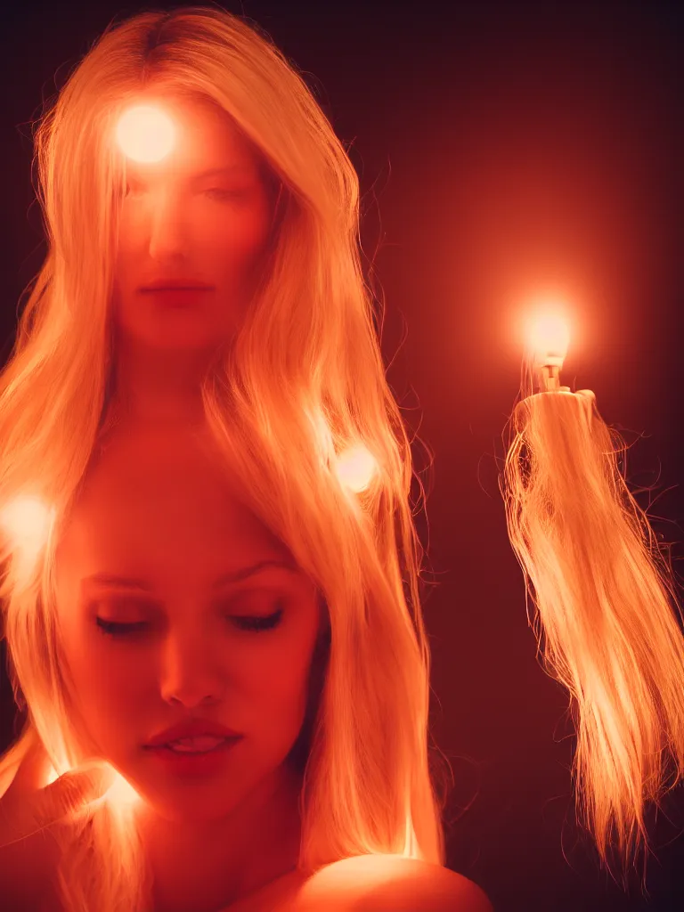 Image similar to photograph of a pretty blond woman illuminated with red light, soft light, night