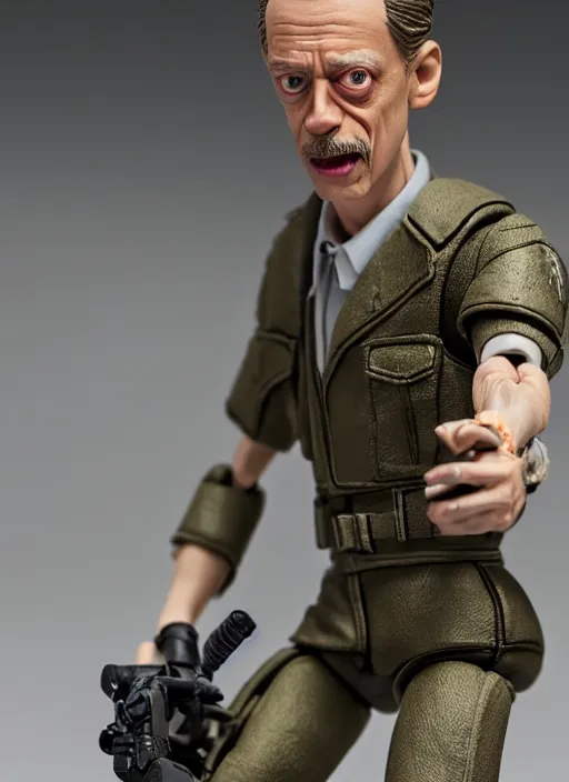 Image similar to product photography of a claymation action figure steve buscemi as terminator, depth of field, zeiss lens, detailed, centered, by erwin olaf, joop geesink, wes anderson, breathtaking, 8 k resolution, extremely detailed, beautiful, establishing shot, realistic materials, hyperrealistic
