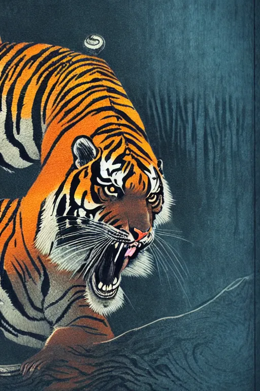 Image similar to a beautiful woodcut print of a indonesien tiger, 8 k, frostbite 3 engine, cryengine, dof, trending on artstation, digital art, crepuscular ray, art by roy l davies and tugboat printshop