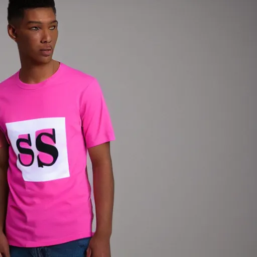 Prompt: a pink t-shirt with the letter s in white on it