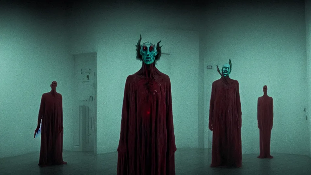 Image similar to the creature at the doctor's office, made of glowing wax and blood, they stare at me, film still from the movie directed by denis villeneuve and zdzisław beksinski with art direction by salvador dali, wide lens