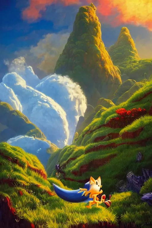 Image similar to fantasy portrait of sonic the hedgehog, natural light, lush plants flowers, spectacular mountains, bright clouds, luminous sky, outer worlds, golden hour, michael cheval, edward hopper, michael whelan, oil painting, hd