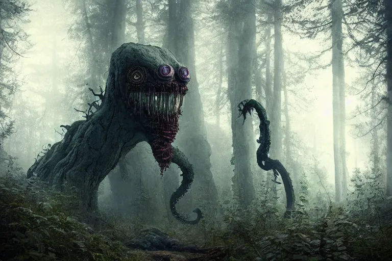 Image similar to creepy eldritch monster in a swedish forest, very low angle photograph, very detailed, trending on artstation, realistic, soft colors, simon stalenhag, lovecraft, horror