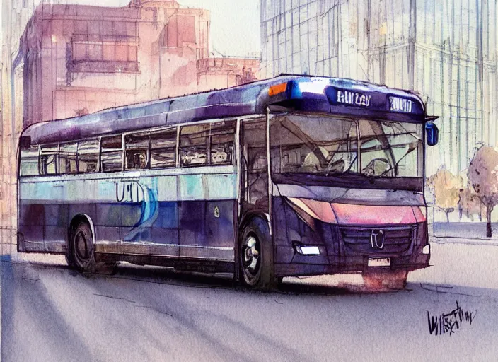 Prompt: concept art of a urban bus, pinterest, artstation trending, behance, watercolor, by coby whitmore, silver, laser light,