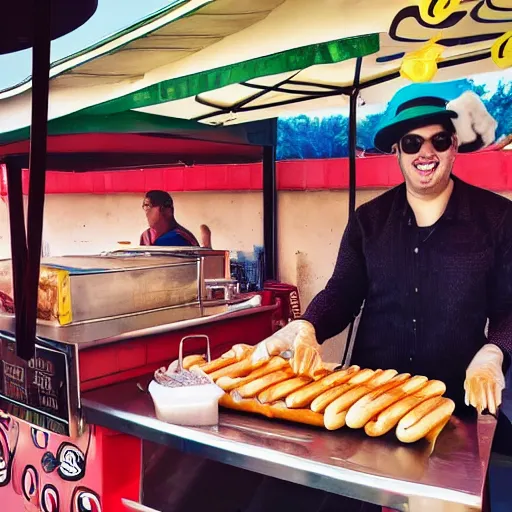 Image similar to llama serving hot dogs from a hot dog cart, photo, detailed, 4k