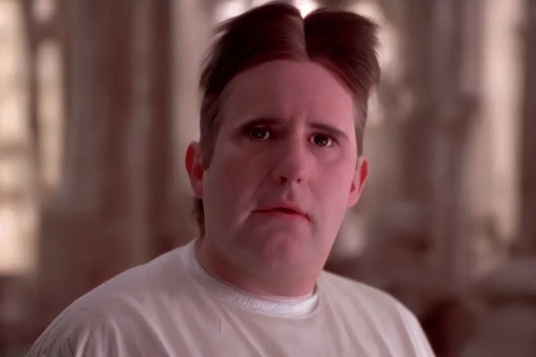 Image similar to cinematic still of chubby clean-shaven white man in the film Casper (1995), XF IQ4, f/1.4, ISO 200, 1/160s, 8K, RAW, dramatic lighting, symmetrical balance, in-frame