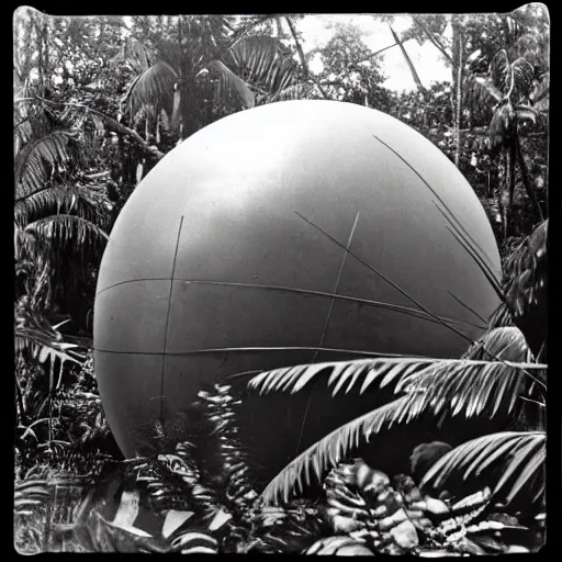 Image similar to a rizom lost film footage of a sphere in the middle of the tropical jungle / tribalism / modernism / film still / cinematic / enhanced / 1 9 2 0 s / black and white / grain