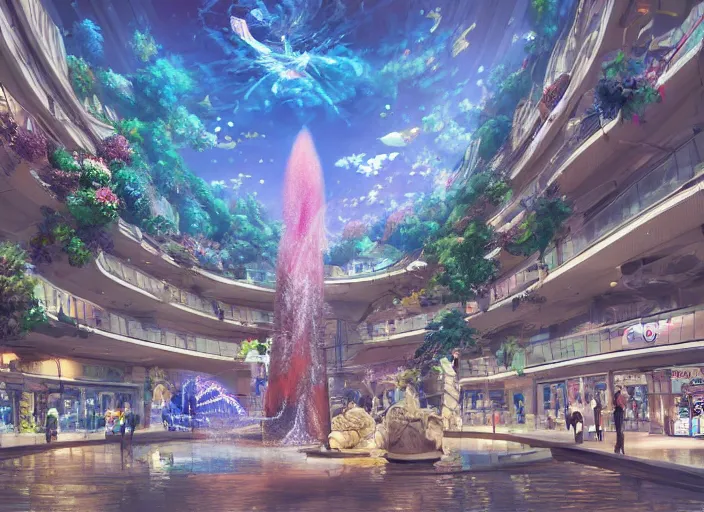 Prompt: A multi-level shopping mall in a bustling beautiful city on the sea floor in a glass dome, anime, fountain, statue, underwater, rapture, fish flying over head, godrays, a fantasy digital painting by Makoto Shinkai, trending on Artstation, highly detailed