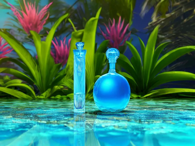 Prompt: perfume bottle standing in a desert oasis in deep blue pond water surrounded by tropical flowers by zaha hadid ; octane highly render, 4 k, ultra hd, 2 0 0 mm, mute dramatic colours, soft blur outdoor stormy sea background, up close shot, sharp focus, global illumination, irakli nadar