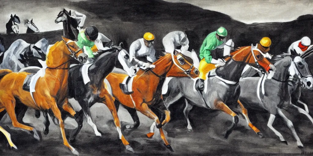 Image similar to horse race, black and white with color highlights, italian futurism style