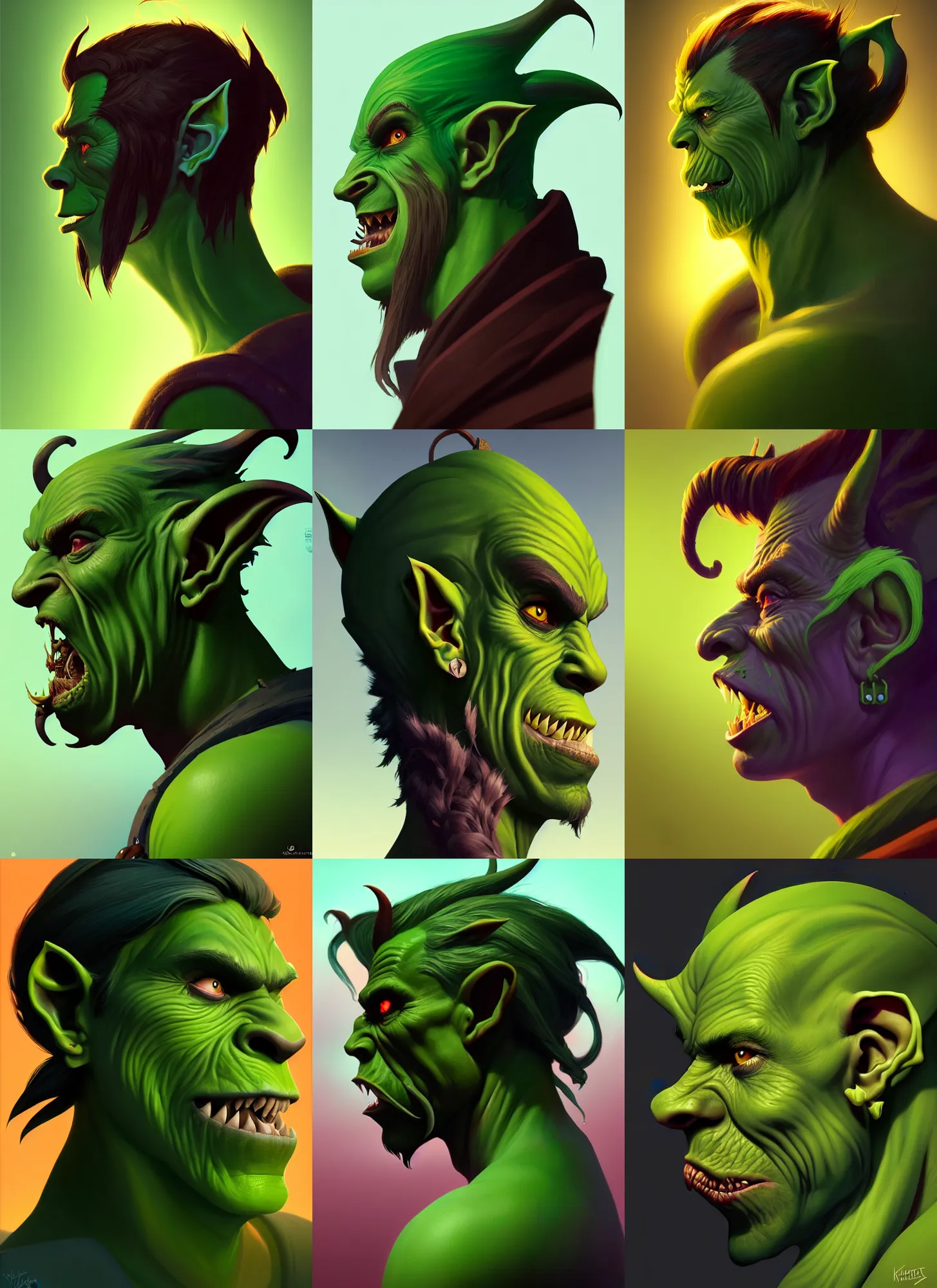 Prompt: side profile centered painted portrait, green male goblin orc assassin, long ears, D&D, Gloomhaven, matte painting concept art, art nouveau, beautifully backlit, swirly vibrant color lines, fantastically gaudy, aesthetic octane render, 8K HD Resolution, by ilya kuvshinov and Cushart Krentz and Gilleard James