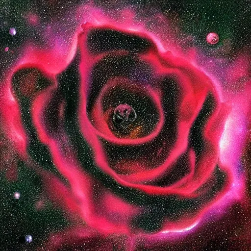 Prompt: fantasy art based on award - winning macro of a beautiful black rose made of molten magma and nebulae on black background by harold davis, highly detailed, mysterious inner glow, trending on deviantart, artstation and flickr, nasa space photography, national geographic