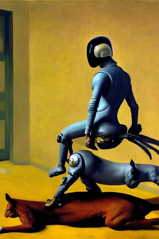 Prompt: fetish game dominantrius dressed as a horse sits on the back of a man dressed as an astronaut in a helmet, hauntingly surreal, highly detailed painting by francis bacon, edward hopper, adrian ghenie, gerhard richter, and james jean soft light 4 k,