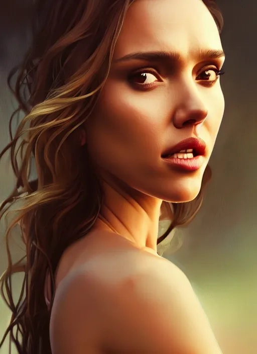 Image similar to half Jessica Alba half Nathalie Portman half scarlett johansonna pure seductive angel, full body portrait, slight smile, diffuse natural sun lights, autumn lights, highly detailed, digital painting, artstation, concept art, sharp focus, illustration, art by wlop and greg rutkowski and alphonse mucha and artgerm