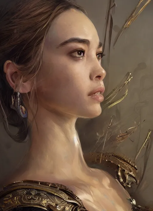 Image similar to a professional portrait of a beautiful young female, clothed in ethereal battle armor, olive skin, long dark hair, beautiful bone structure, symmetrical facial features, intricate, elegant, digital painting, concept art, smooth, sharp focus, finely detailed, illustration, from Valerian and the City of a Thousand Planets, in the style of Ruan Jia and Mandy Jurgens and Artgerm and Greg Rutkowski and William-Adolphe Bouguerea