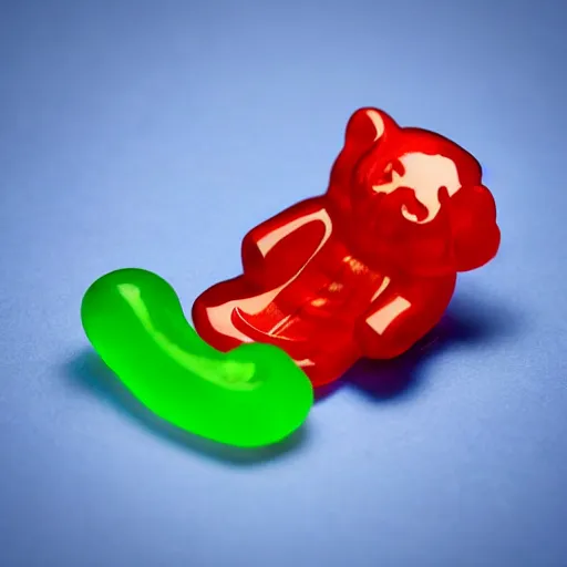 Prompt: a pretend slippery gummy bear, 4 k