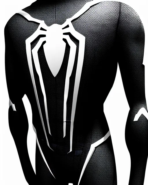 Image similar to black spider - man suit with white webbing, photorealistic, hyperdetailed sketch
