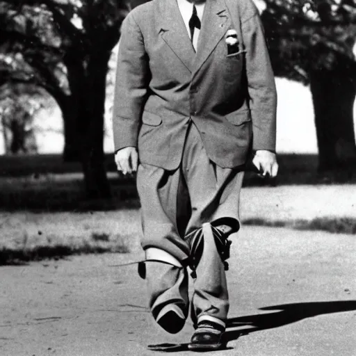 Prompt: classified photo of fdr walking with robotic legs, 1 9 4 0 s, black and white film