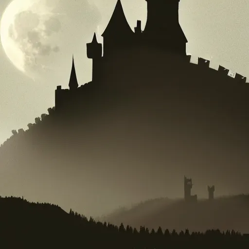 Image similar to silhouette of a castle on misty mountains, digital art, highly detailed, beautiful, calm, full moon